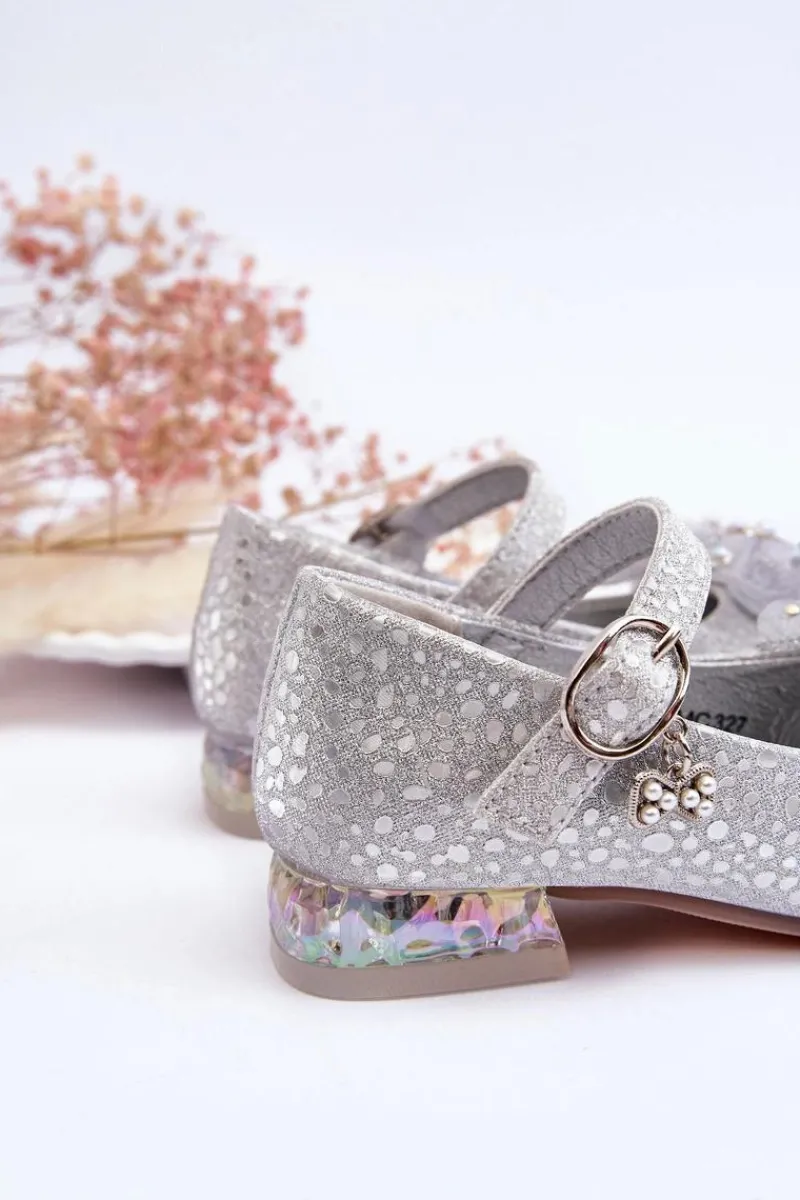 Balerinki Dziecięce>Boto Dziecięce Balerinki Z Kokardą Na Rzep Srebrno-Szare Nicola