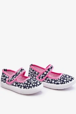New Dziecięce Baleriny Na Rzep W Print Granatowo-Różowe Selah Dzieci Balerinki Dziecięce