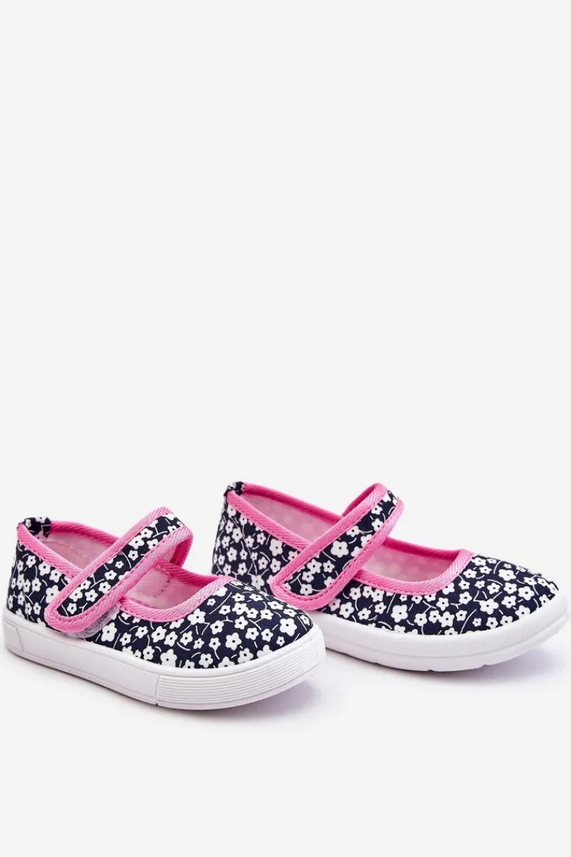 New Dziecięce Baleriny Na Rzep W Print Granatowo-Różowe Selah Dzieci Balerinki Dziecięce