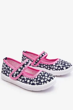 New Dziecięce Baleriny Na Rzep W Print Granatowo-Różowe Selah Dzieci Balerinki Dziecięce