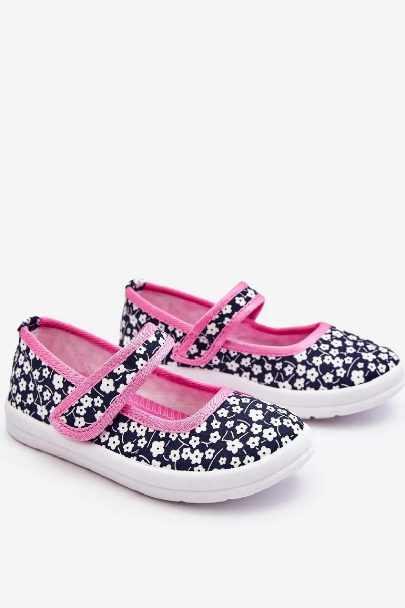 New Dziecięce Baleriny Na Rzep W Print Granatowo-Różowe Selah Dzieci Balerinki Dziecięce