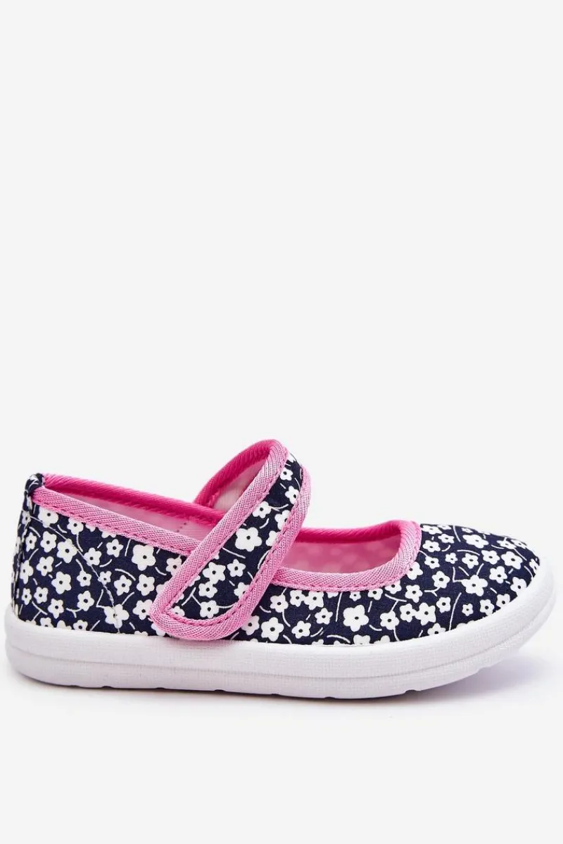 New Dziecięce Baleriny Na Rzep W Print Granatowo-Różowe Selah Dzieci Balerinki Dziecięce