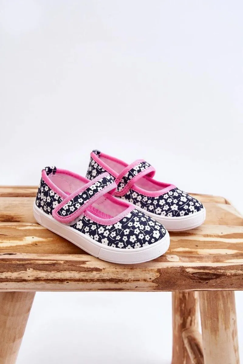 New Dziecięce Baleriny Na Rzep W Print Granatowo-Różowe Selah Dzieci Balerinki Dziecięce