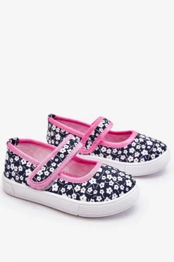 New Dziecięce Baleriny Na Rzep W Print Granatowo-Różowe Selah Dzieci Balerinki Dziecięce