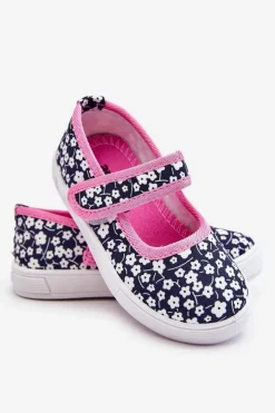 New Dziecięce Baleriny Na Rzep W Print Granatowo-Różowe Selah Dzieci Balerinki Dziecięce