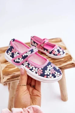 Outlet Dziecięce Baleriny W Kwiatuszki Granatowo-Różowe Noah Dzieci Balerinki Dziecięce