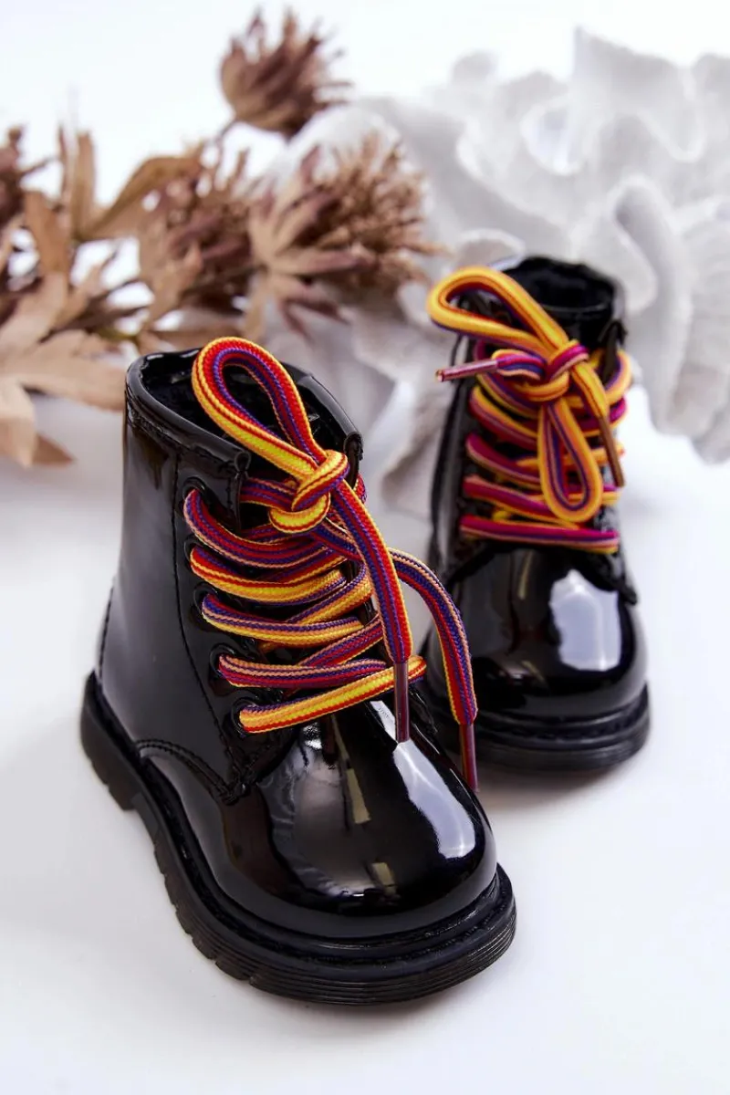 Dziecięce Botki Lakierowane Z Suwakiem Czarne Tibbie - Kolorowe Sznurówki Dzieci Dziewczęce