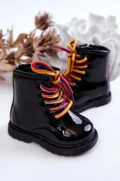 Dziecięce Botki Lakierowane Z Suwakiem Czarne Tibbie - Kolorowe Sznurówki Dzieci Dziewczęce