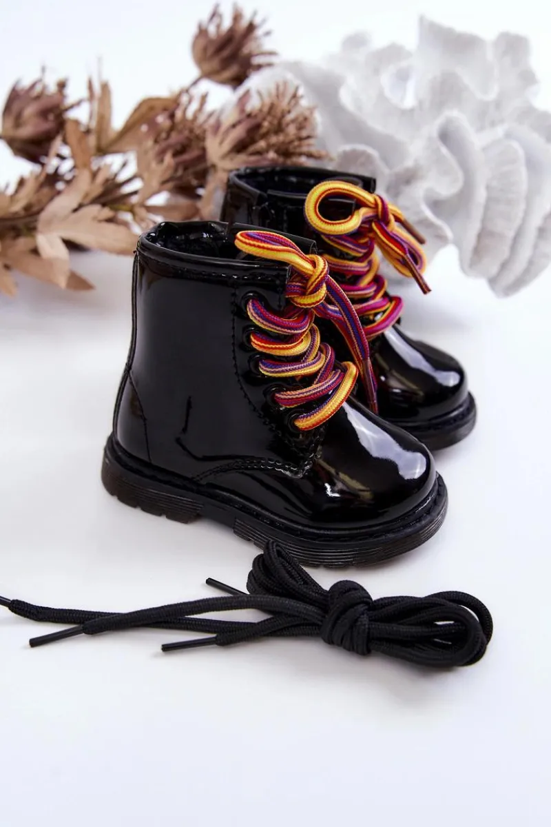 Dziecięce Botki Lakierowane Z Suwakiem Czarne Tibbie - Kolorowe Sznurówki Dzieci Dziewczęce