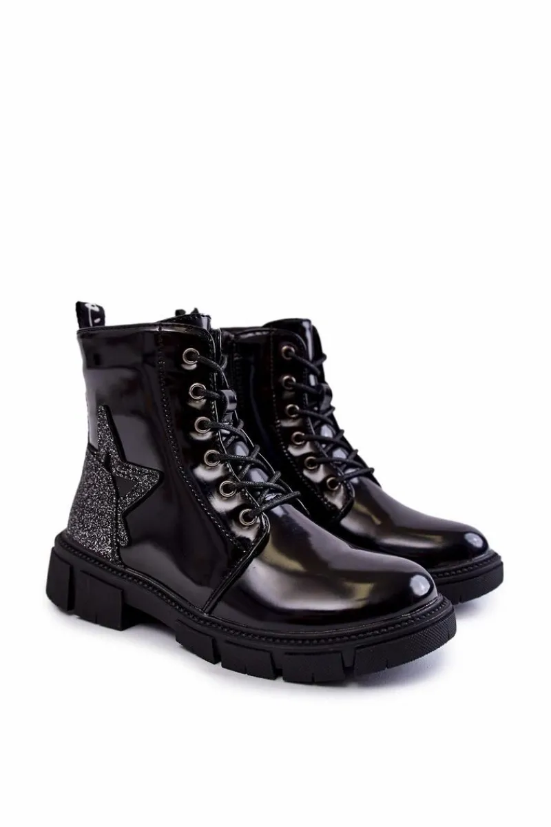 Dziecięce Botki Lakierowane Z Suwakiem Czarne Yukko Dzieci Dziewczęce