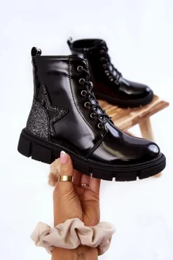 Dziecięce Botki Lakierowane Z Suwakiem Czarne Yukko Dzieci Dziewczęce