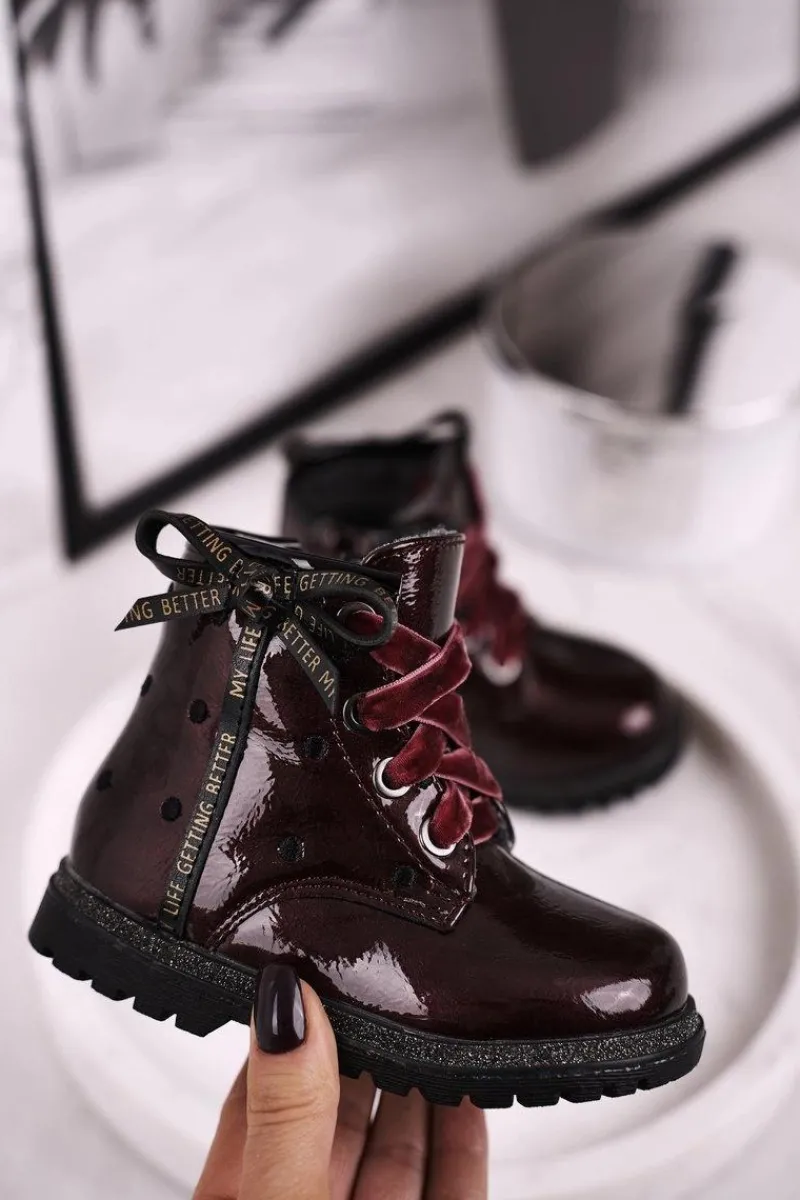 Dziewczęce>Evento Dziecięce botki lakierowane ocieplane bordowe Essie