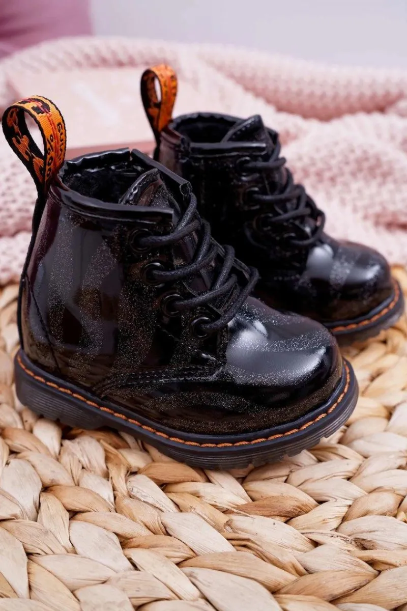 Dziecięce Botki Lakierowane z Suwakiem Czarne Omua Dzieci Chłopięce|Dziewczęce