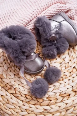 Discount Dziecięce Botki Młodzieżowe Ocieplane Ciemnoszare Śniegowce Roofy Dzieci Dziewczęce|Chłopięce