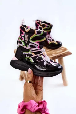 Best Big Star Shoes Dziecięce Botki Śniegowce W Print Big Star KK374099 Czarno-Różowe