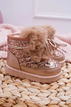 Outlet Dziecięce Botki Śniegowce Z Futerkiem Champagne Minnie Mouse Dzieci Dziewczęce