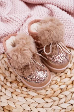 Outlet Dziecięce Botki Śniegowce Z Futerkiem Champagne Minnie Mouse Dzieci Dziewczęce