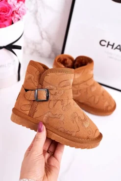 Dziewczęce>Boto Dziecięce Botki Śniegowce Z Futerkiem Brązowe Kawai