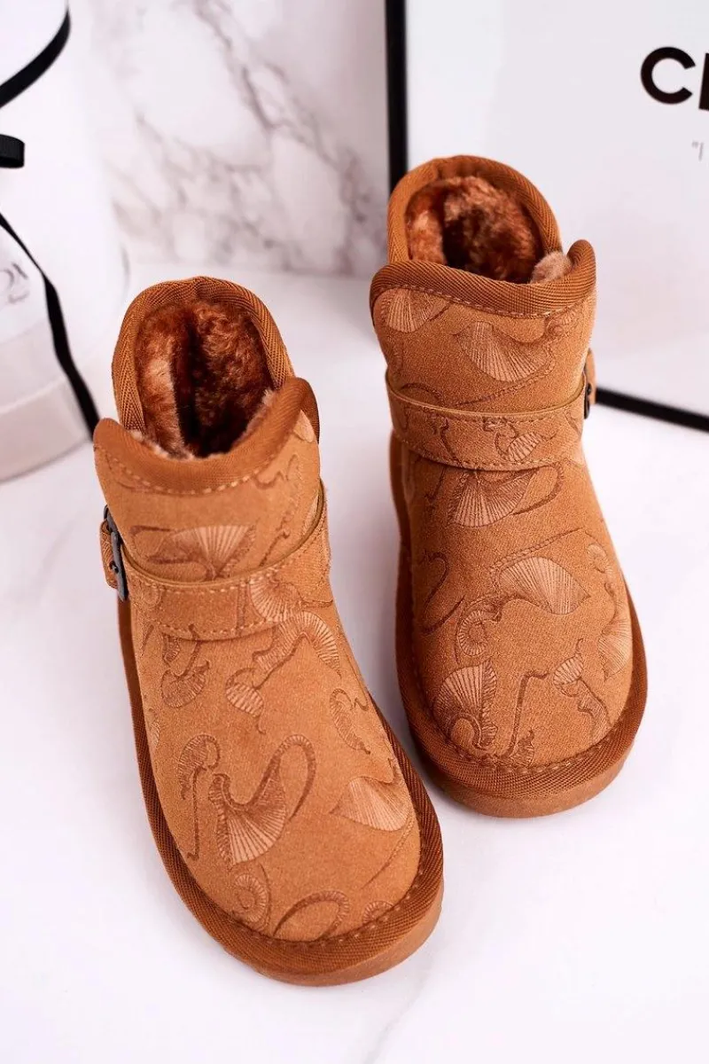 Dziewczęce>Boto Dziecięce Botki Śniegowce Z Futerkiem Brązowe Kawai