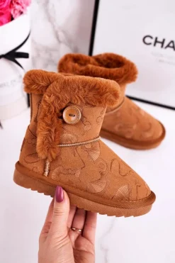 Dziewczęce>Boto Dziecięce Botki Śniegowce Z Futerkiem I Guzikiem Brązowe Kawai
