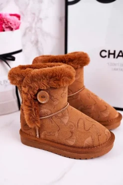 Dziewczęce>Boto Dziecięce Botki Śniegowce Z Futerkiem I Guzikiem Brązowe Kawai