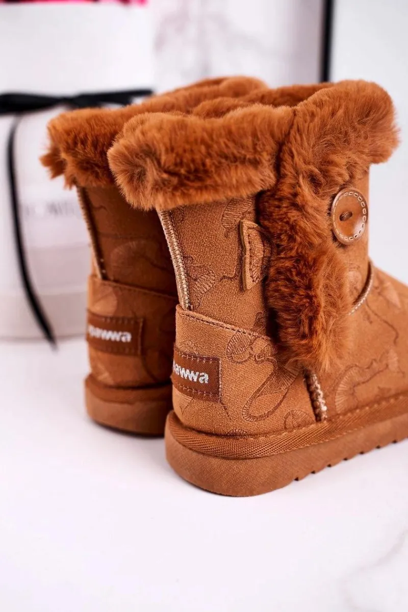 Dziewczęce>Boto Dziecięce Botki Śniegowce Z Futerkiem I Guzikiem Brązowe Kawai
