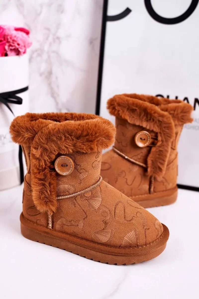 Dziewczęce>Boto Dziecięce Botki Śniegowce Z Futerkiem I Guzikiem Brązowe Kawai