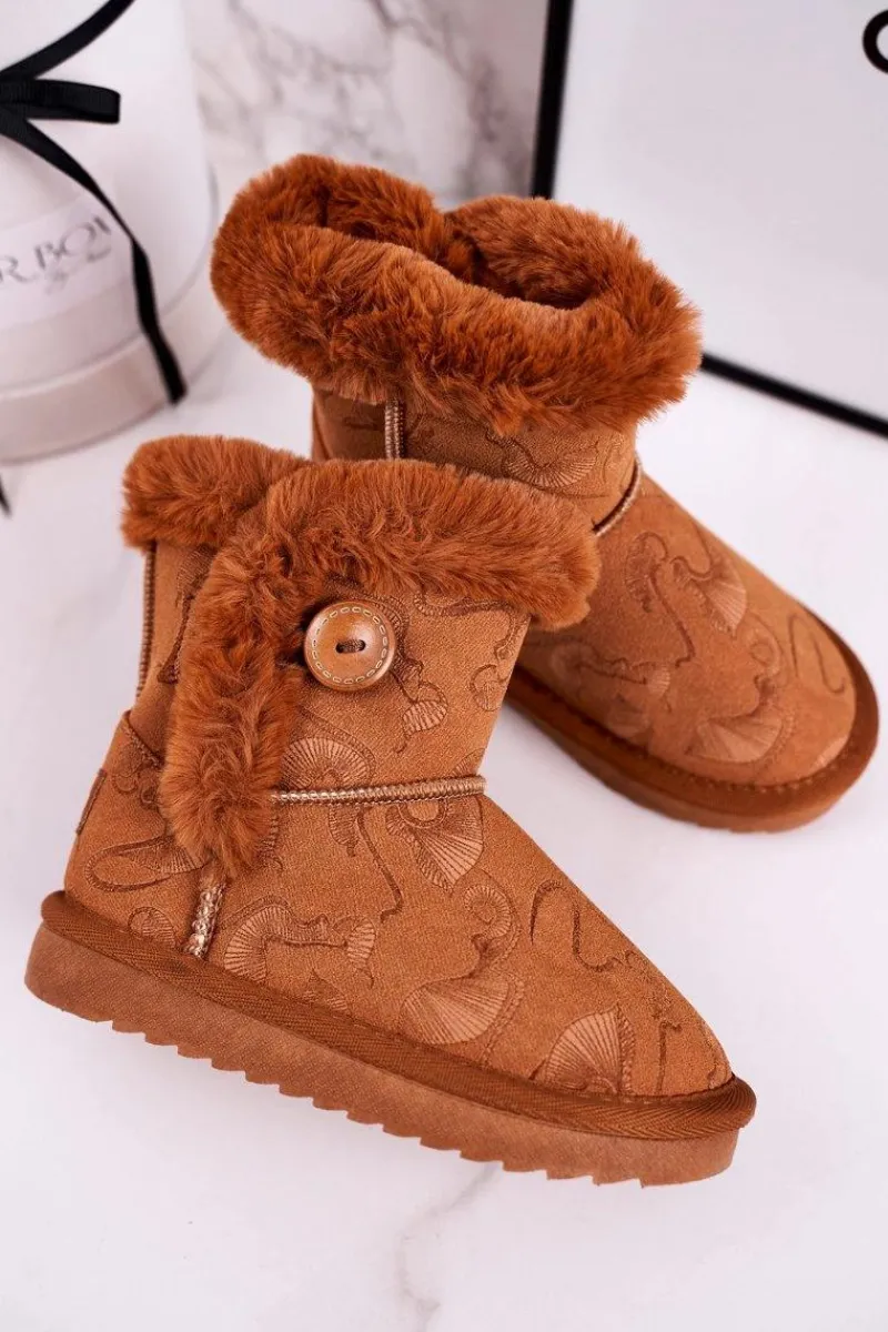 Dziewczęce>Boto Dziecięce Botki Śniegowce Z Futerkiem I Guzikiem Brązowe Kawai