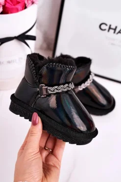 Dziecięce Botki Śniegowce Z Futerkiem Benzynowe Czarne Princess Dzieci Dziewczęce