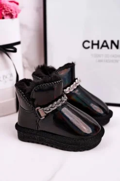 Dziecięce Botki Śniegowce Z Futerkiem Benzynowe Czarne Princess Dzieci Dziewczęce