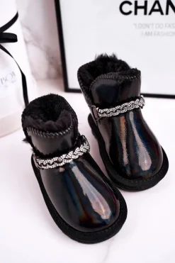 Dziecięce Botki Śniegowce Z Futerkiem Benzynowe Czarne Princess Dzieci Dziewczęce