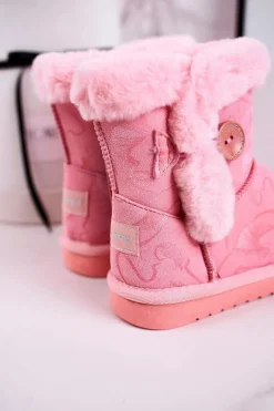 Sale Boto Dziecięce Botki Śniegowce Z Futerkiem I Guzikiem Różowe Kawai