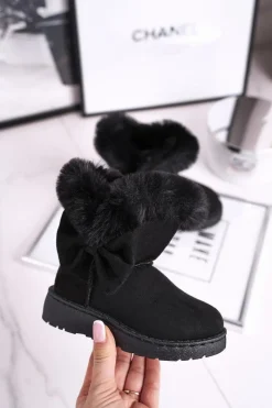 Online Boto Dziecięce botki śniegowce z futerkiem kokardką czarne Vella