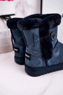 Sale Boto Dziecięce Botki Śniegowce Z Futerkiem I Guzikiem Granatowe Kawai