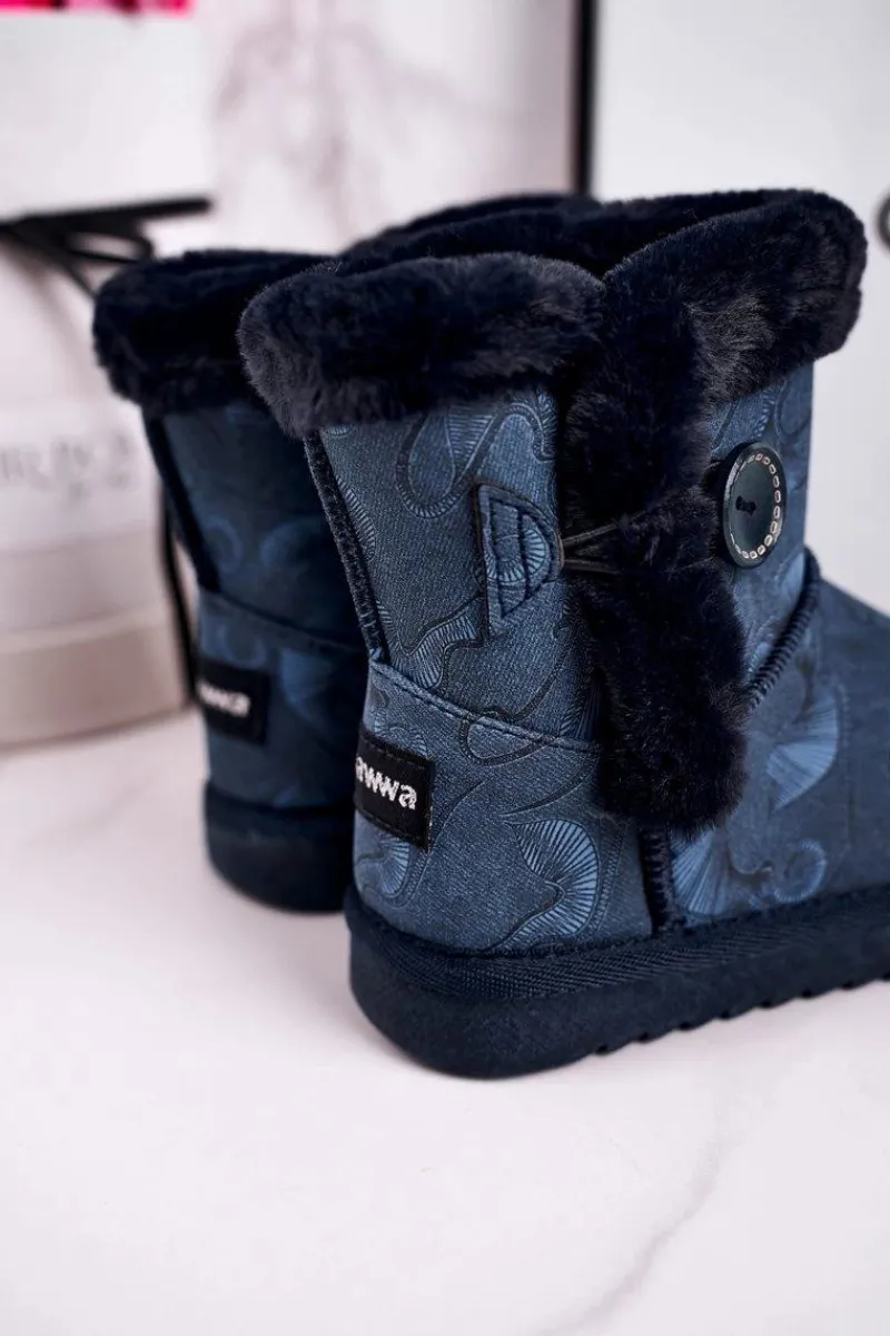 Sale Boto Dziecięce Botki Śniegowce Z Futerkiem I Guzikiem Granatowe Kawai