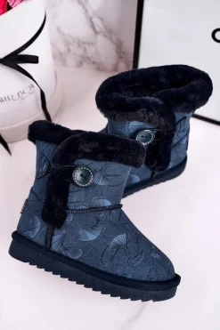 Sale Boto Dziecięce Botki Śniegowce Z Futerkiem I Guzikiem Granatowe Kawai