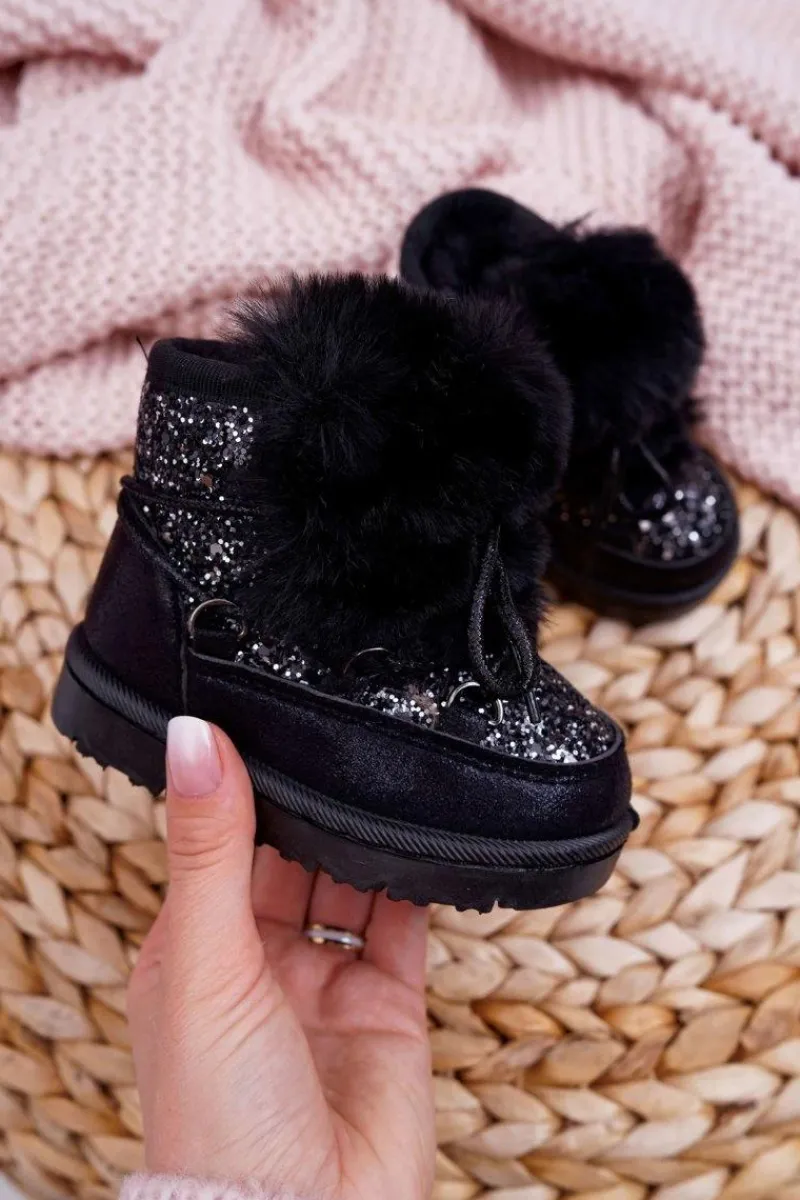 Dziewczęce>Boto Dziecięce Botki Śniegowce Z Futerkiem Czarne Minnie Mouse