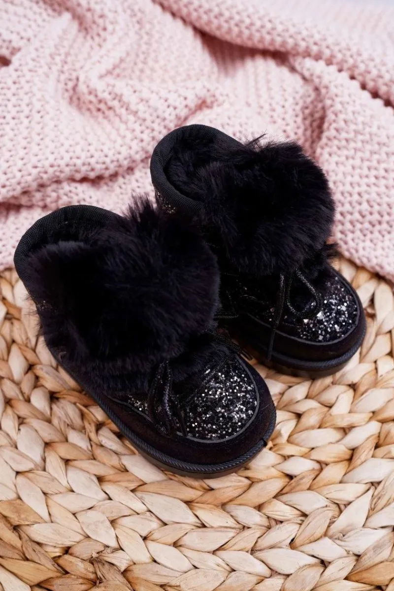 Dziewczęce>Boto Dziecięce Botki Śniegowce Z Futerkiem Czarne Minnie Mouse