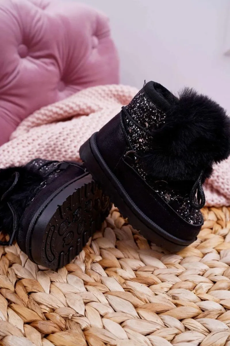 Dziewczęce>Boto Dziecięce Botki Śniegowce Z Futerkiem Czarne Minnie Mouse