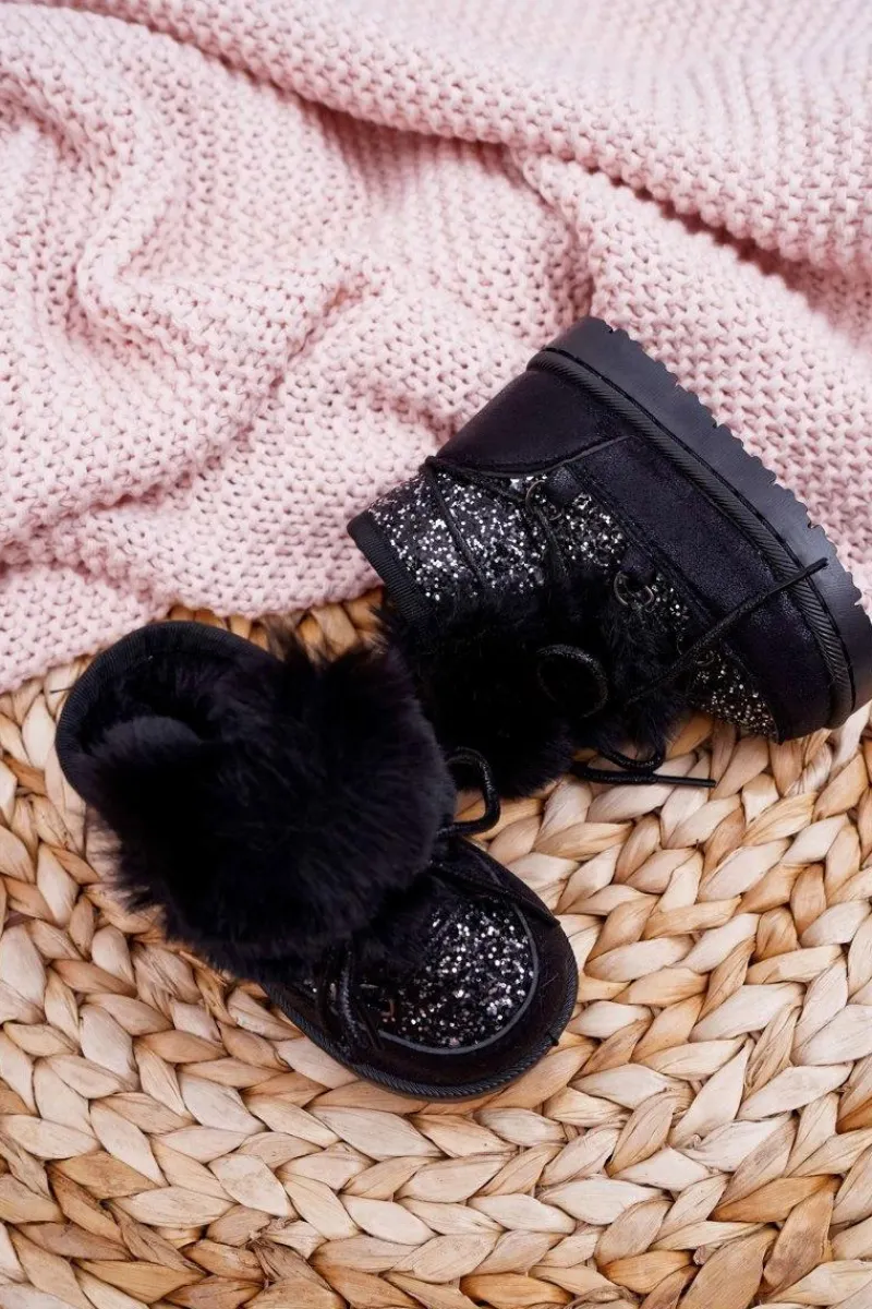 Dziewczęce>Boto Dziecięce Botki Śniegowce Z Futerkiem Czarne Minnie Mouse