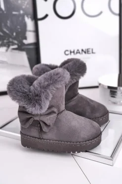 Dziecięce botki śniegowce z futerkiem kokardką szare Vella Dzieci Dziewczęce