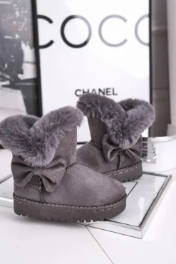 Dziecięce botki śniegowce z futerkiem kokardką szare Vella Dzieci Dziewczęce