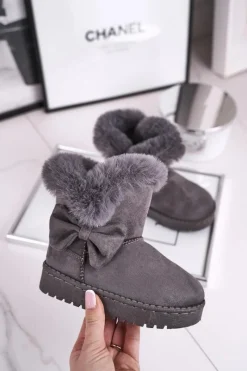 Dziecięce botki śniegowce z futerkiem kokardką szare Vella Dzieci Dziewczęce