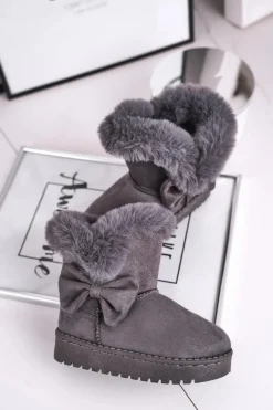 Dziecięce botki śniegowce z futerkiem kokardką szare Vella Dzieci Dziewczęce