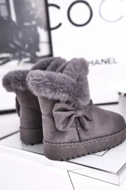 Dziecięce botki śniegowce z futerkiem kokardką szare Vella Dzieci Dziewczęce
