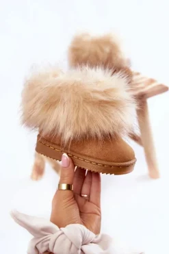 Dziewczęce>Boto Dziecięce Botki Śniegowce Z Futerkiem Jasnobrązowe Ariana