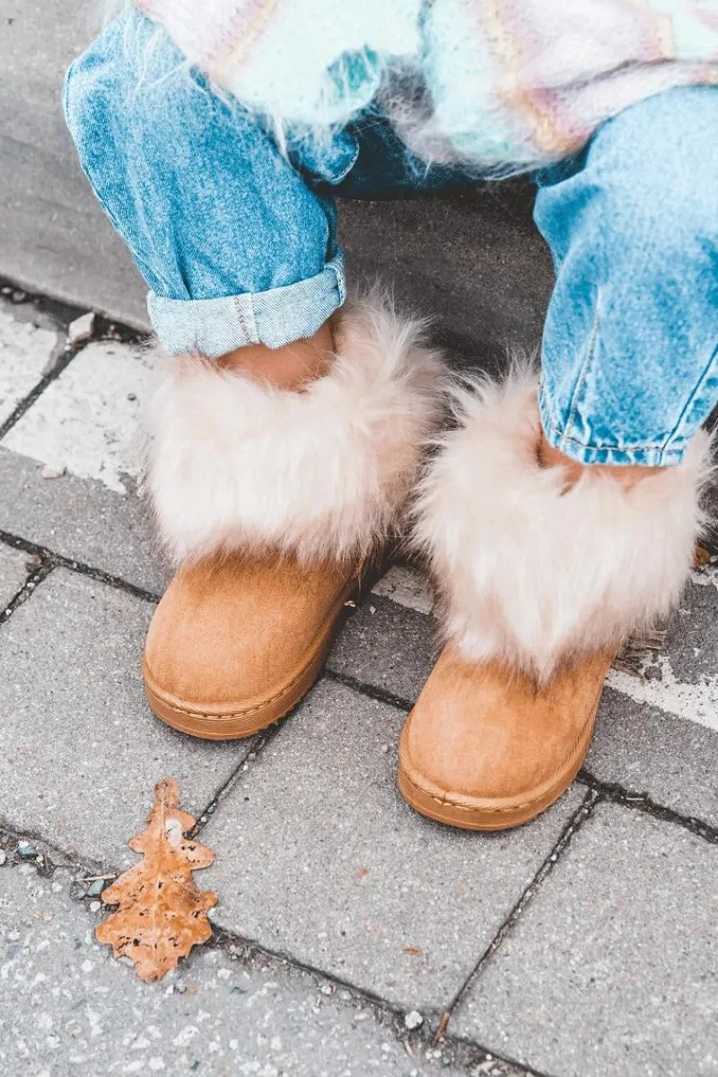 Dziewczęce>Boto Dziecięce Botki Śniegowce Z Futerkiem Jasnobrązowe Ariana