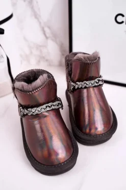 Dziewczęce>Boto Dziecięce Botki Śniegowce Z Futerkiem Benzynowe Szare Princess