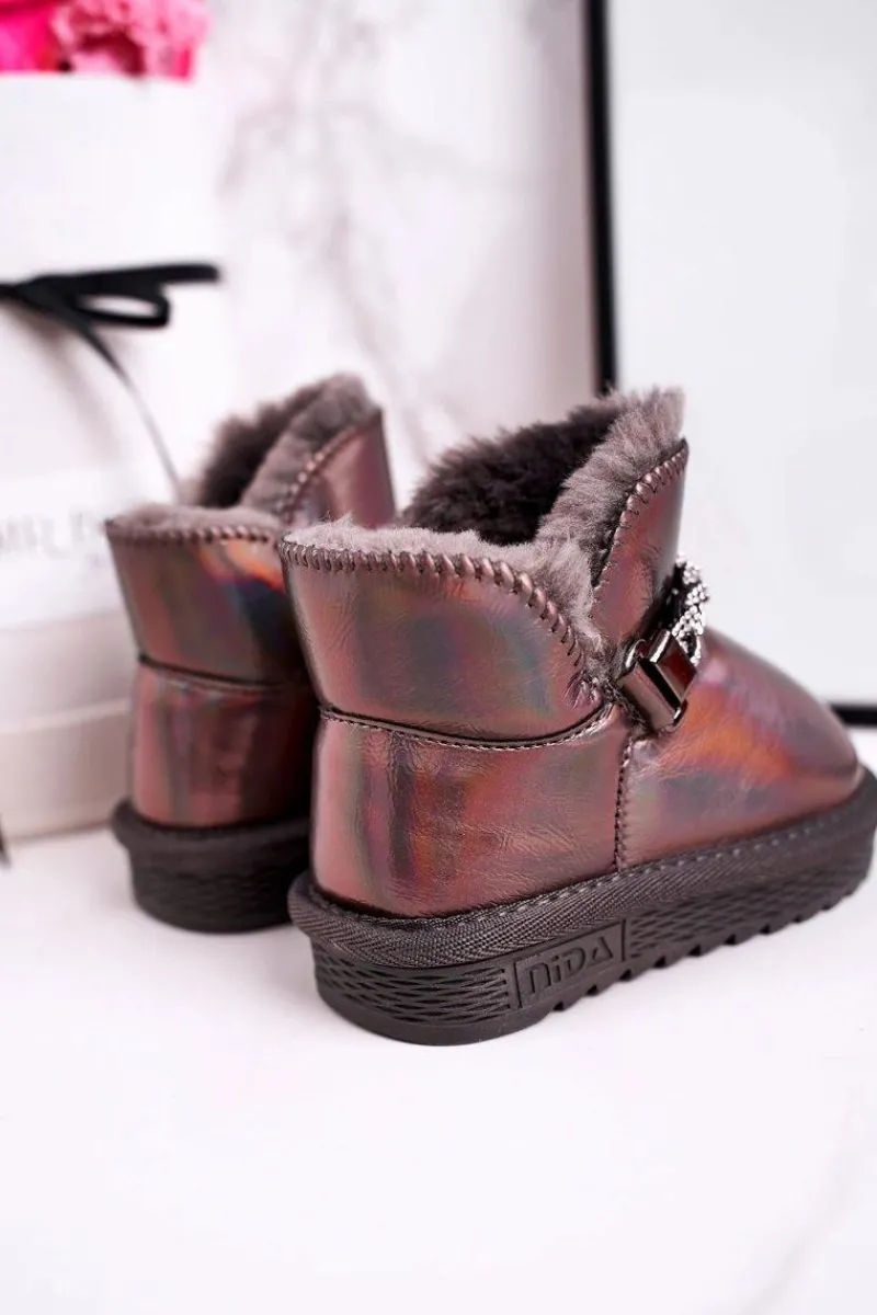 Dziewczęce>Boto Dziecięce Botki Śniegowce Z Futerkiem Benzynowe Szare Princess