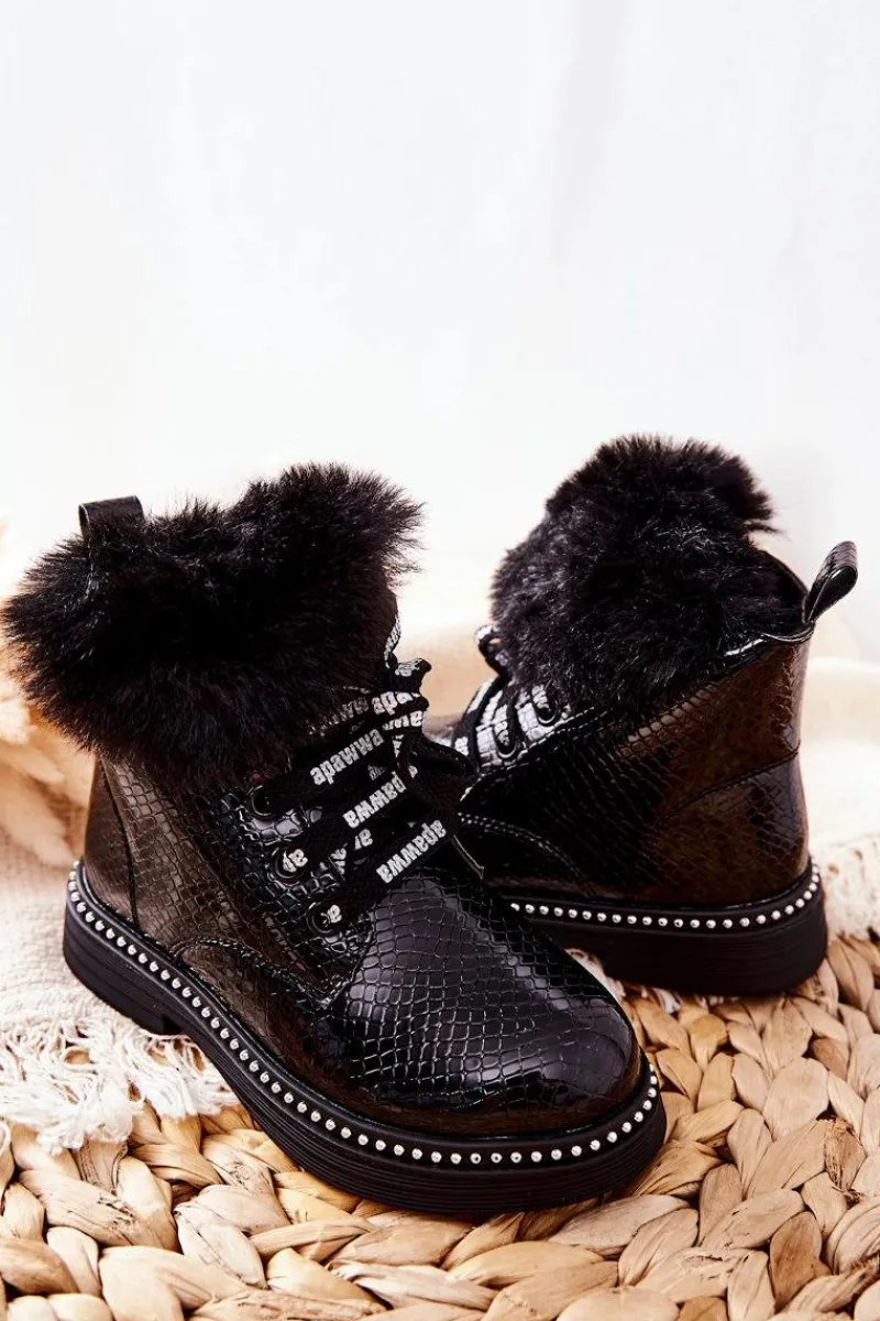 Dziewczęce>Boto Dziecięce Botki Ocieplane Z Futerkiem Czarne Rosea